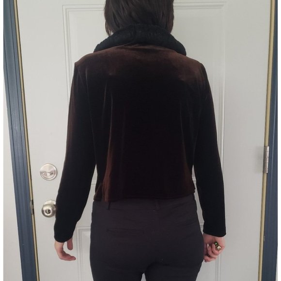 90s/Y2K‎ Brown Velvet Cardigan with Faux Fur Collar - Picture 3 of 3